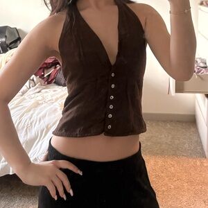 Brown Halter Neck Button-Up Top